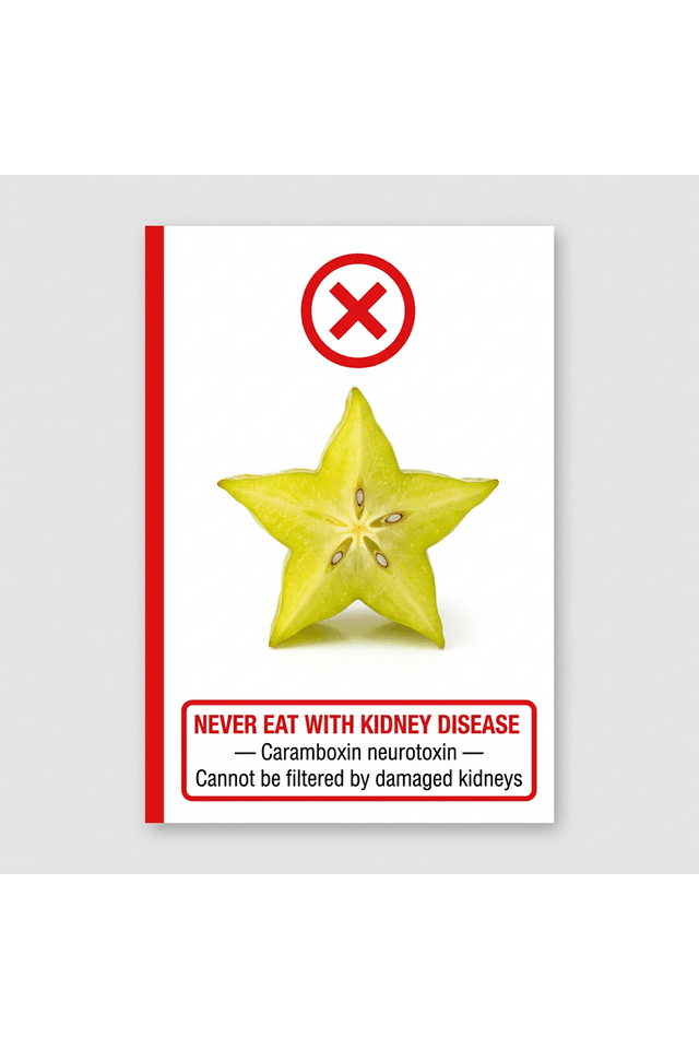 Starfruit danger warning — red X and warning text explaining caramboxin neurotoxin that cannot be filtered by damaged kidneys with CKD