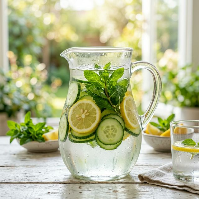 Glass pitcher with cucumber and mint infused water for structured hydration