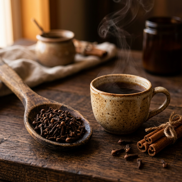 Wooden spoon of whole cloves and cup of clove tea for oral health and tongue microbiome