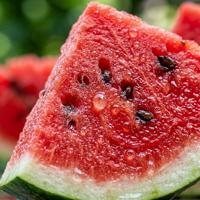 Vibrant watermelon slice with water droplets, showing high water content