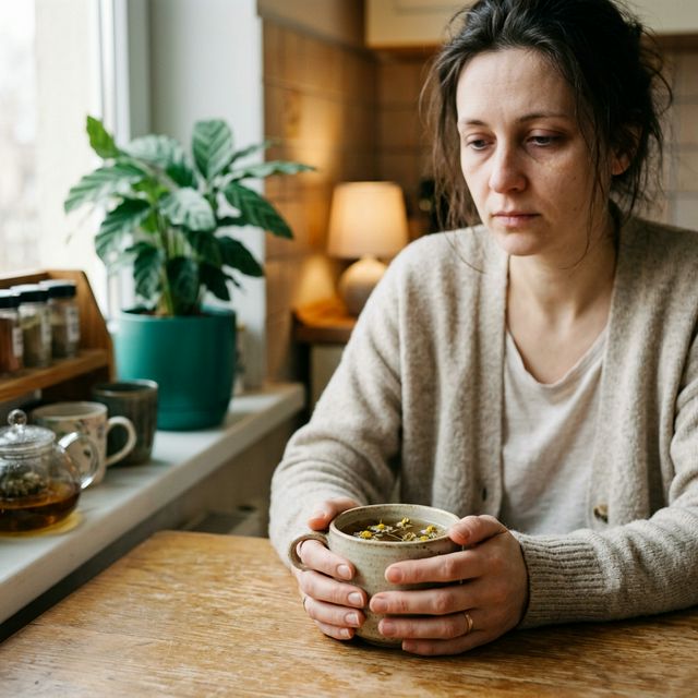 Woman holding tea cup looking tired — common sign of zinc deficiency and weakened immunity