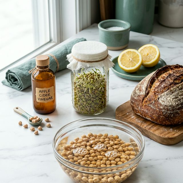 Phytate override prep — chickpeas soaking in water, sprouted lentils and sourdough showing zinc absorption techniques