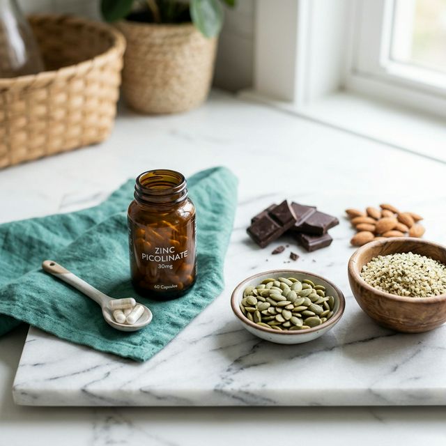 Zinc supplement vs food comparison — zinc picolinate capsules alongside pumpkin seeds, hemp seeds and dark chocolate