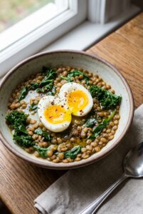 Breakfast Lentils With Eggs and Olive Oil