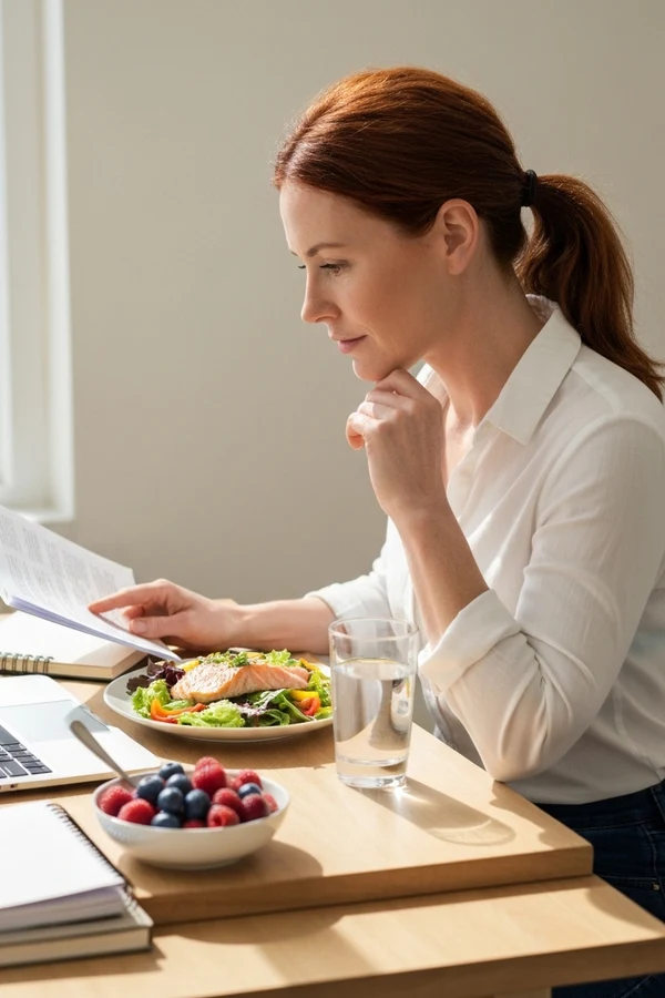 Woman reading anti-inflammatory diet for weight loss questions with a healthy lunch on the table