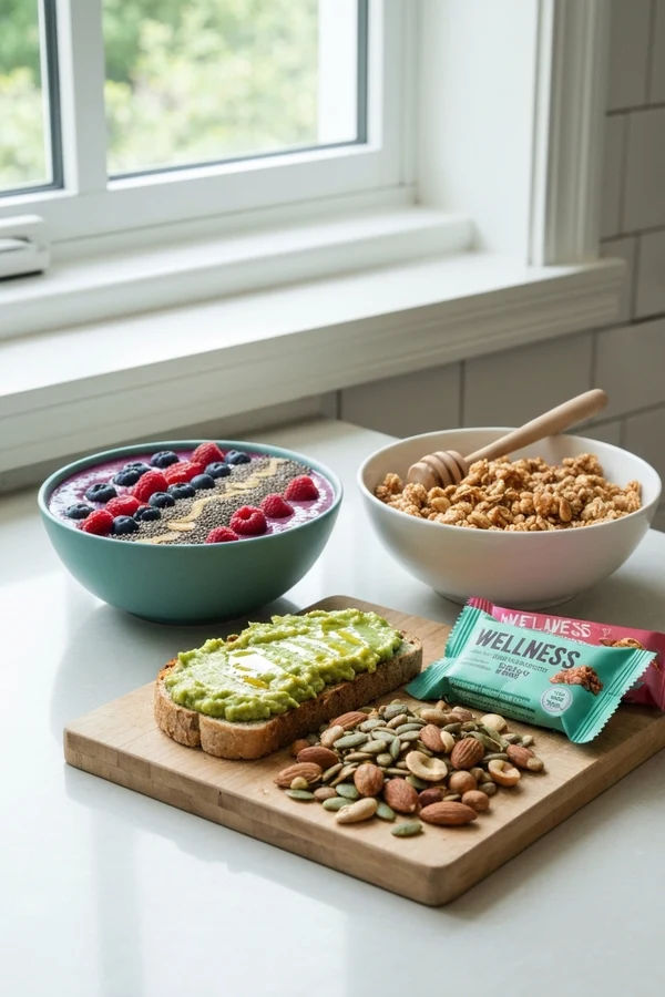 Healthy foods that still stall fat loss: smoothie bowl, granola, avocado toast, and trail mix