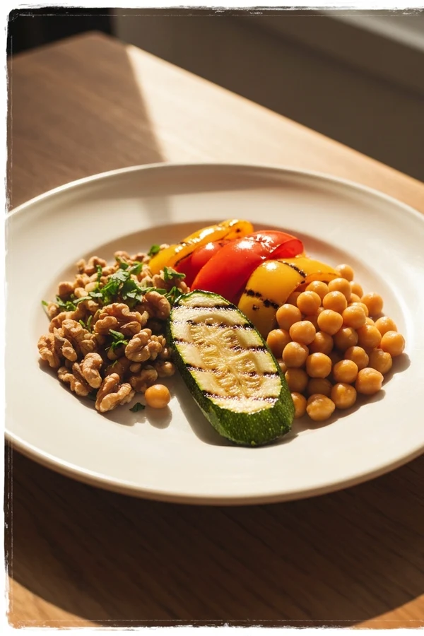 Balanced anti-inflammatory fat-loss plate with protein, vegetables, berries, whole grains, and olive oil