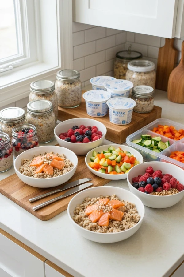 7-day anti-inflammatory diet for weight loss meal prep with yogurt jars, grain bowls, and salmon containers