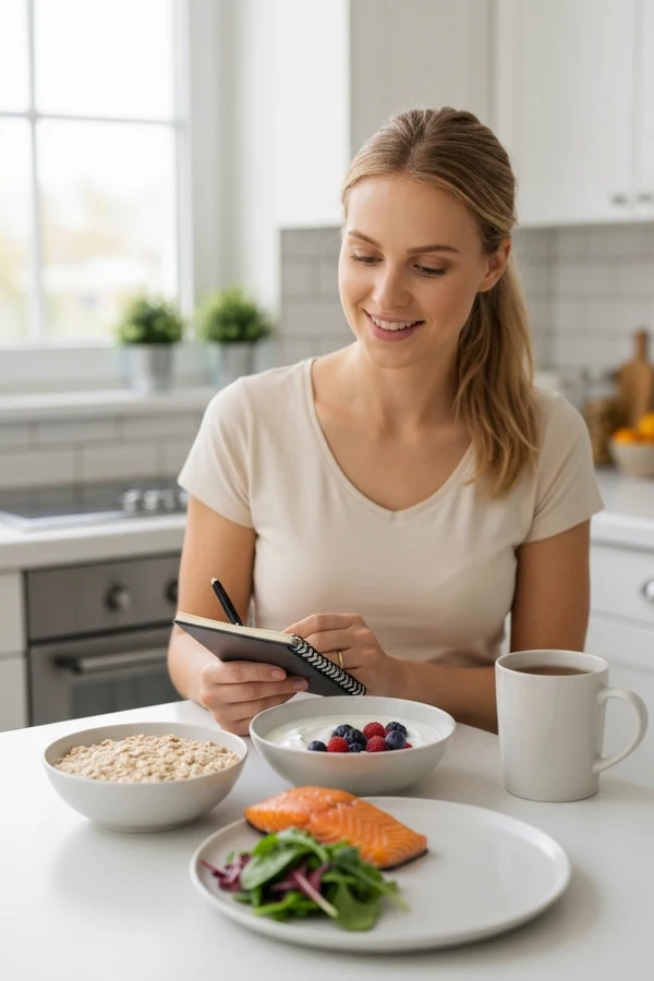 Woman tracking progress with anti-inflammatory meals, yogurt, berries, and salmon in a bright kitchen