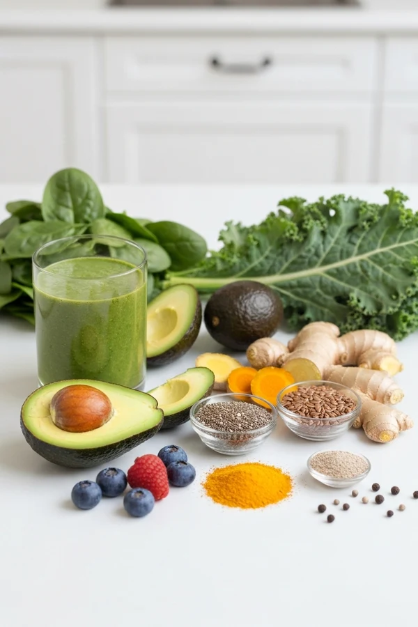 Anti inflammatory green smoothie recipes ingredients arranged to show a strategic anti-inflammatory smoothie upgrade