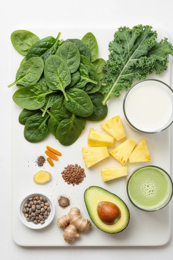 Core ingredients for anti inflammatory green smoothie recipes including leafy greens berries avocado seeds and spices