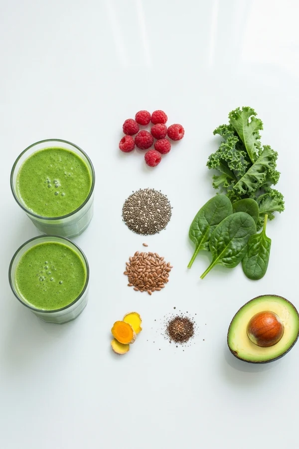 Anti inflammatory green smoothie recipes FAQ image with smoothie ingredients spices greens berries and seeds