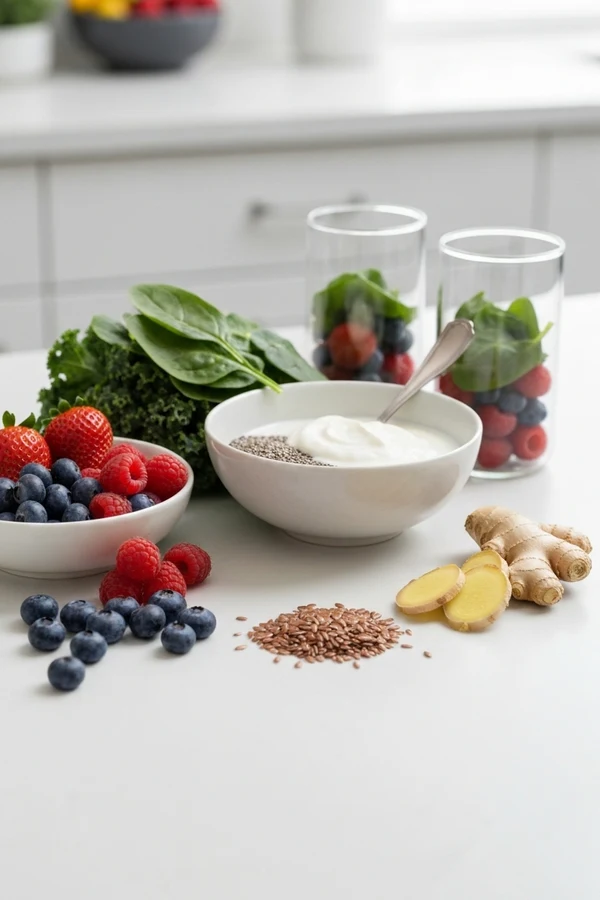 Anti-inflammatory smoothie recipes ingredients for busy mornings with berries greens yogurt and seeds