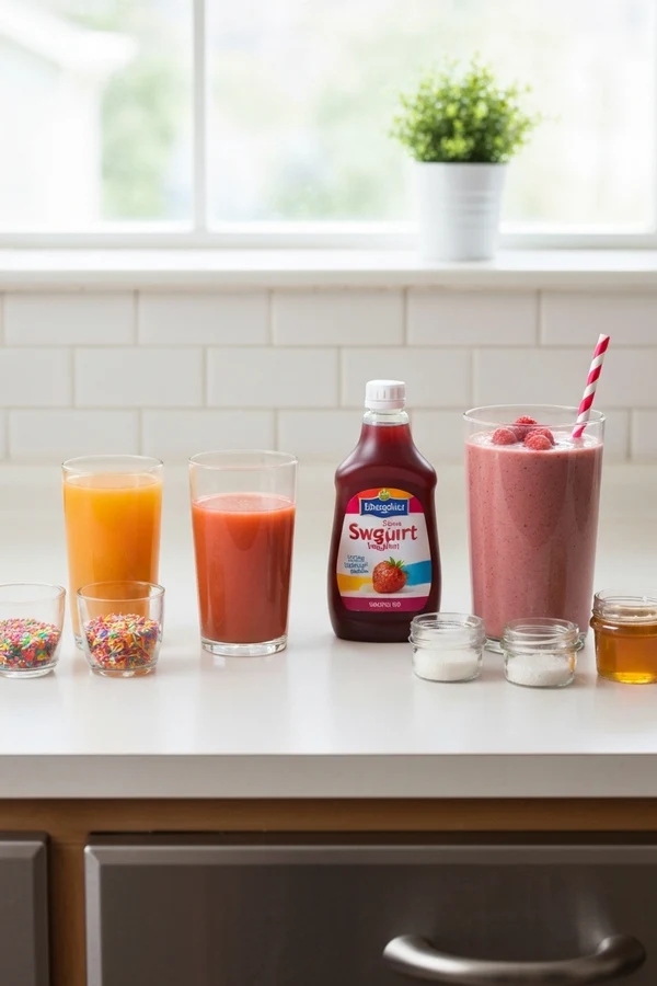 Smoothie mistakes showing sugary juice sweetened yogurt syrups and oversized fruit-heavy blends