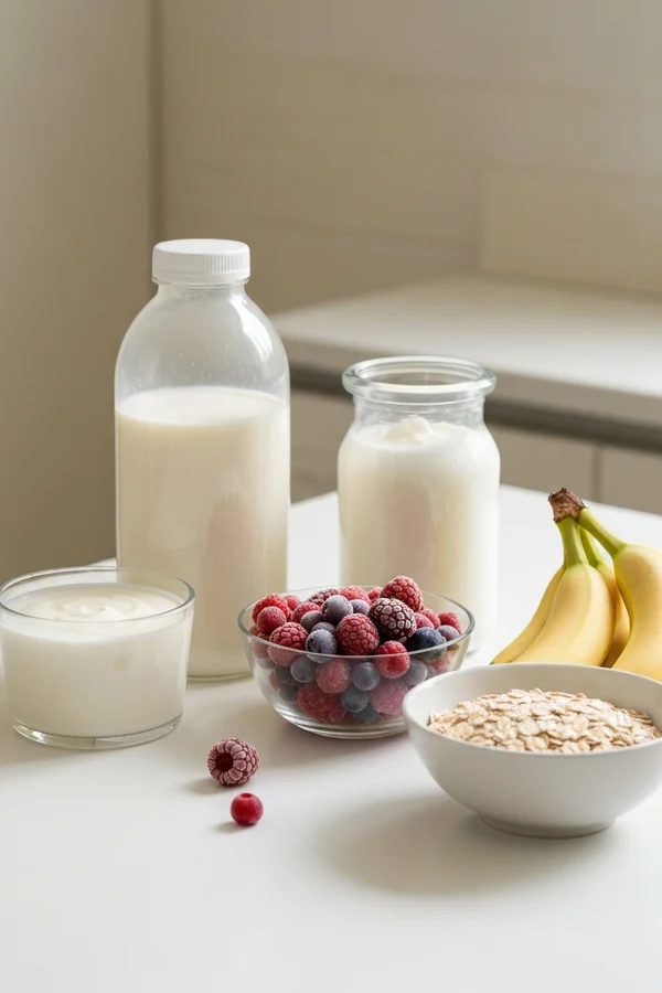 Best probiotics for bloating fast answer with probiotic bottle yogurt kefir and berries on bright table