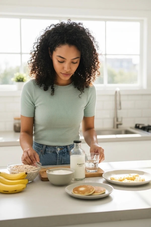 Best probiotics for bloating and constipation with water oats probiotic bottle and simple meal setup