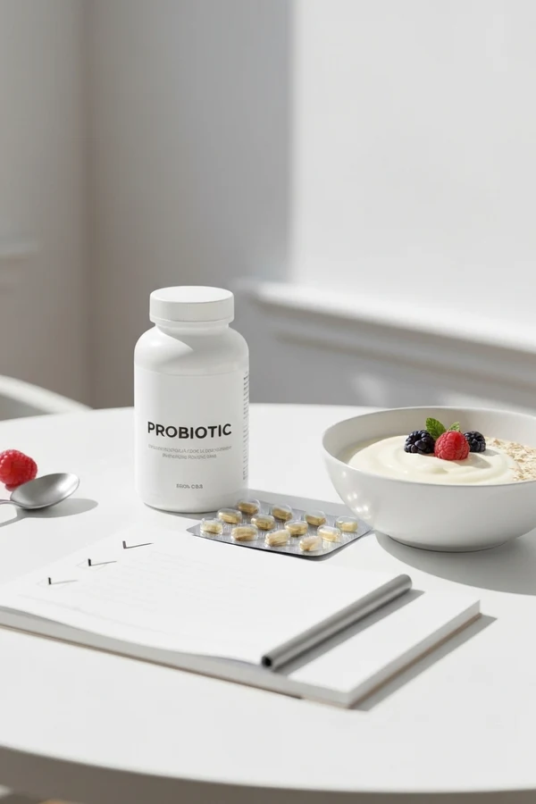 Best probiotics for bloating buying guide with supplement bottle label check and gut-friendly foods