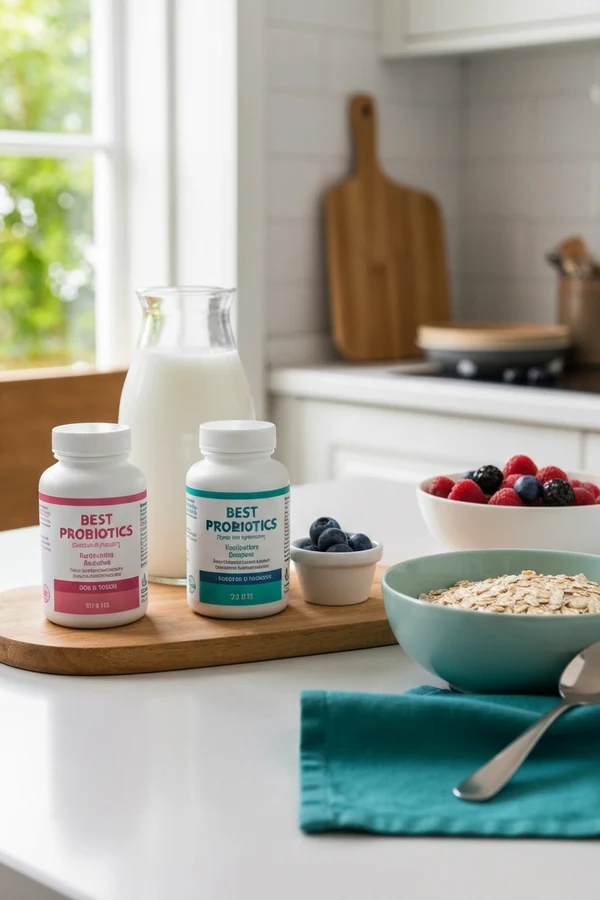 Best probiotics for bloating picks with probiotic bottle yogurt kefir and berries in bright natural light