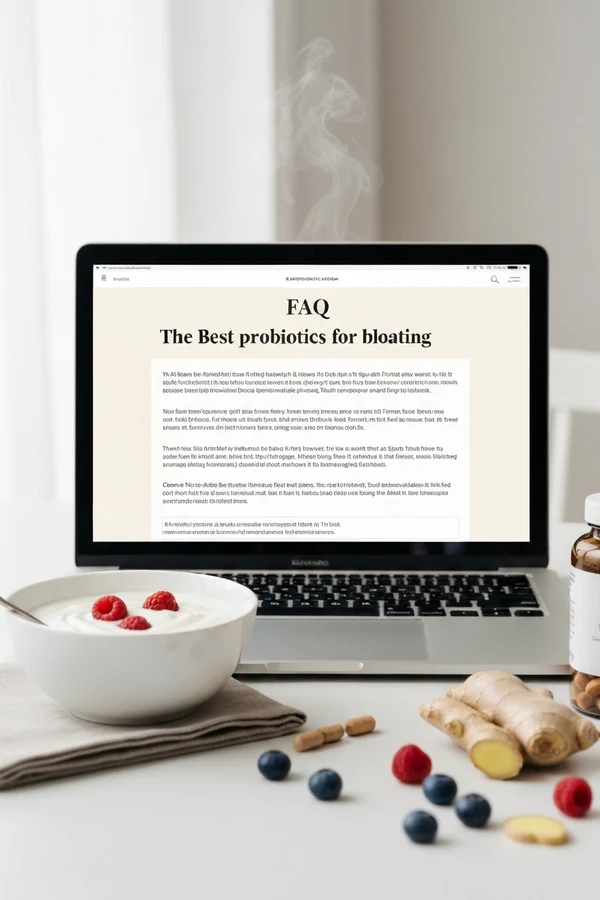 Best probiotics for bloating FAQ scene with laptop yogurt berries and digestive support foods