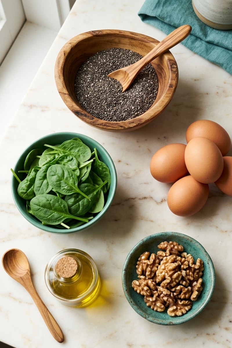 Ingredients for anti-inflammatory breakfast: chia seeds, spinach, eggs, and walnuts