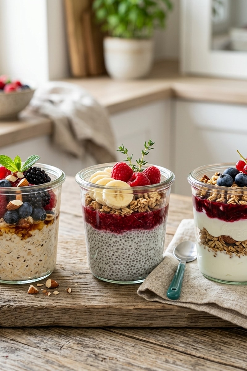Three glass jars of overnight oats, chia pudding, and yogurt parfait