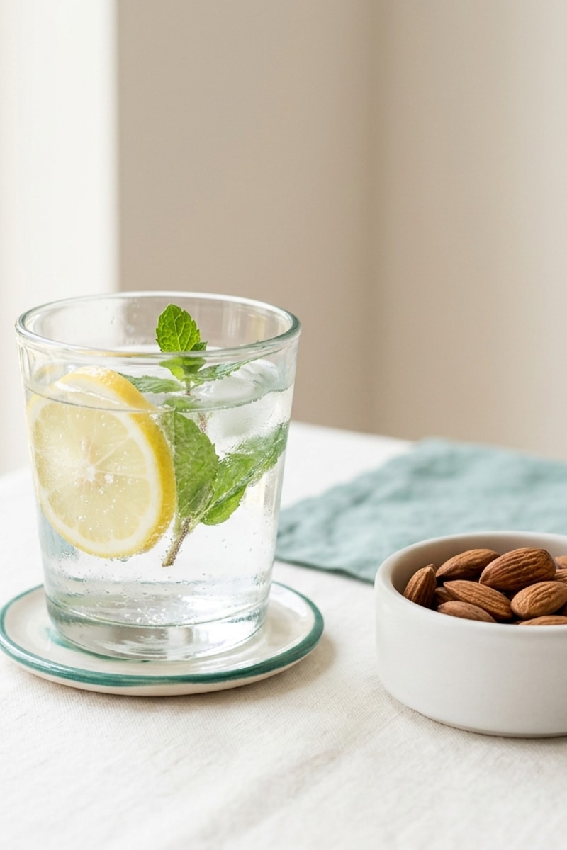 Minimalist shot of lemon water and almonds