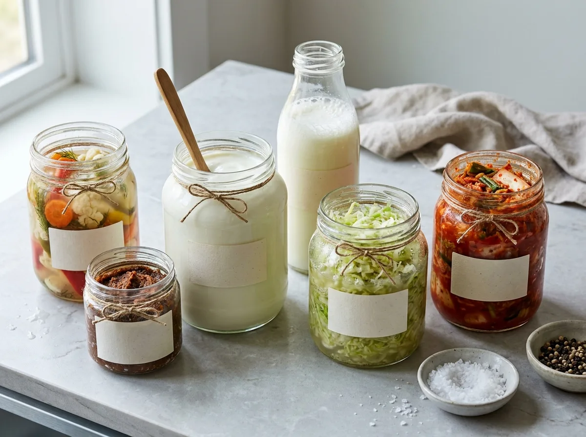 Fermented foods with probiotics in glass jars including yogurt, kefir, sauerkraut, kimchi, miso, and vegetables