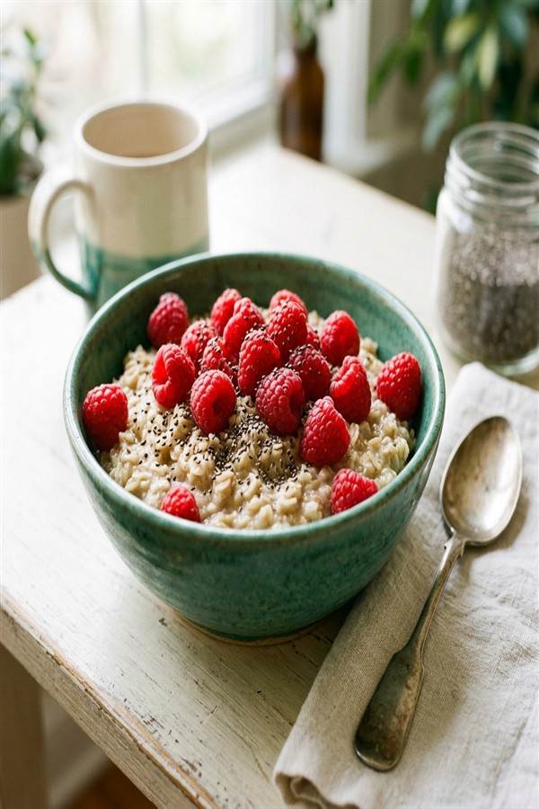 Bowl of oatmeal topped with fresh raspberries and chia seeds - what is fibermaxxing