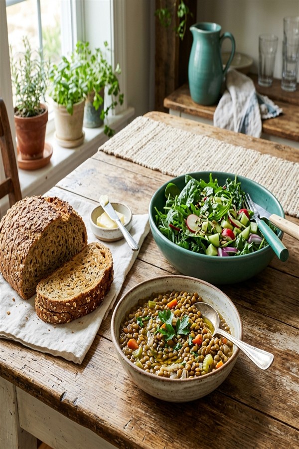 Ezekiel bread, mixed greens, and a bowl of lentils illustrating the real fiber gap