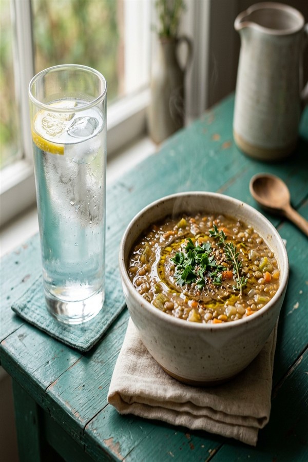 A tall glass of water next to a bowl of hot lentil soup - 4 week fibermaxxing ramp