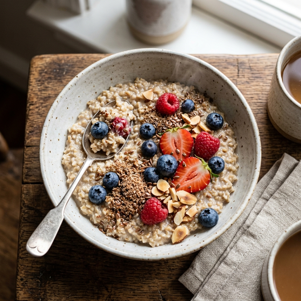 A warm bowl of steel-cut oats with flaxseeds and berries, a powerful breakfast food for gut health.