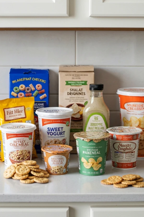 Packaged foods that trigger inflammation and weight gain with labels, cereal bars, dressings, and snacks