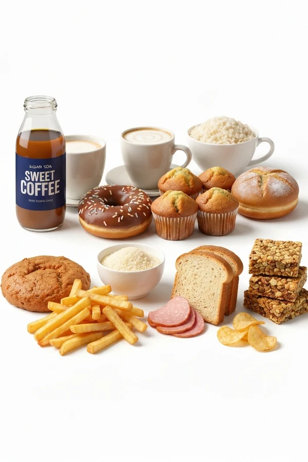 Sugary drinks, pastries, white bread, fries, chips, and processed meats that cause inflammation and weight gain
