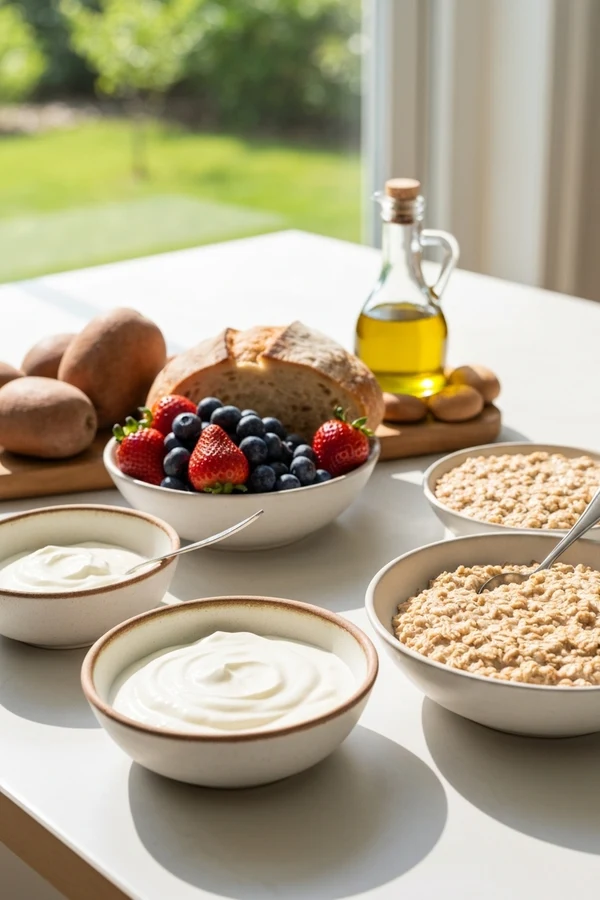 Nuanced anti-inflammatory foods scene with yogurt, bread, olive oil, and simple whole foods