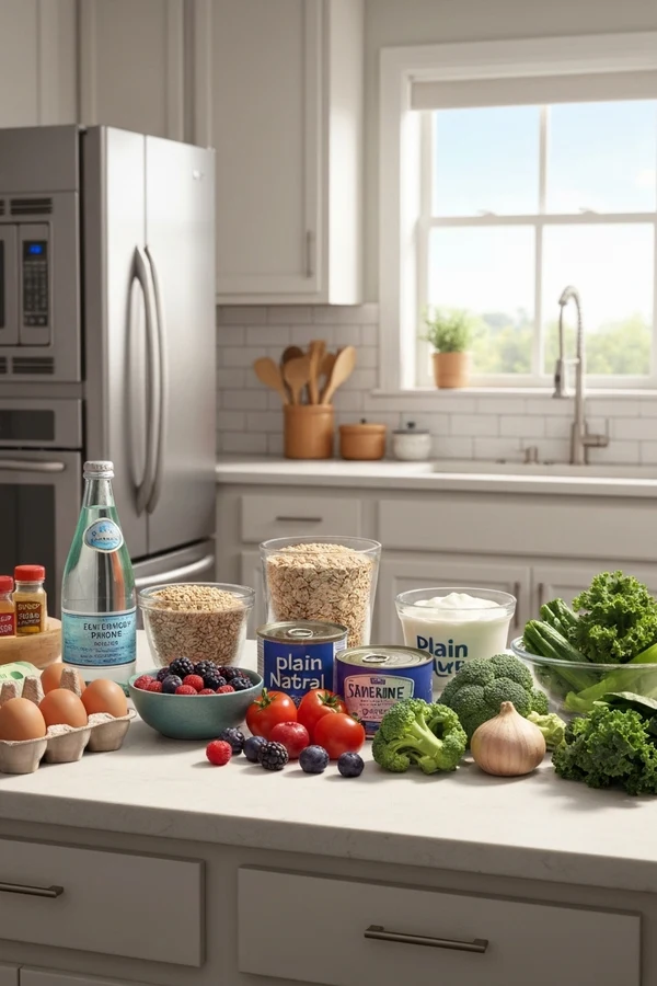 Seven day pantry reset for foods that cause inflammation and weight gain with drinks, breakfast, snacks, and groceries