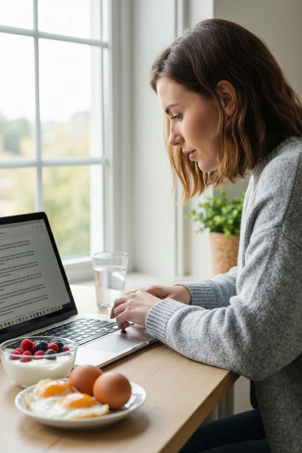 Foods that cause inflammation and weight gain FAQ scene with laptop, notes, and healthy meal on table