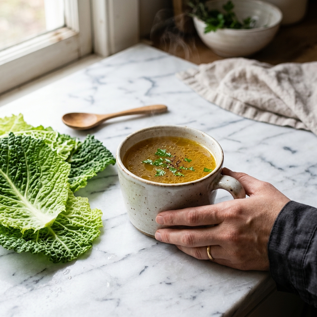 A comforting mug of golden bone broth next to fresh cabbage leaves, representing glutamine-rich foods that support the gut lining.