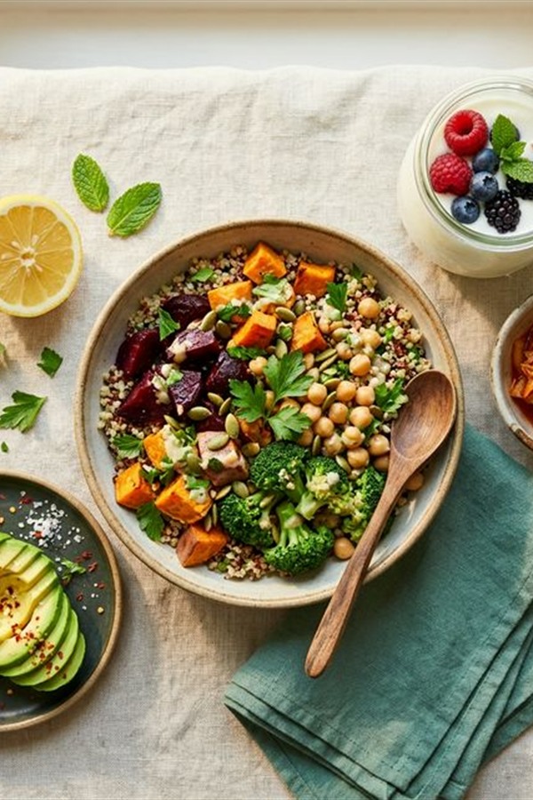 Balanced meal ingredients supporting gut brain connection symptoms and digestion