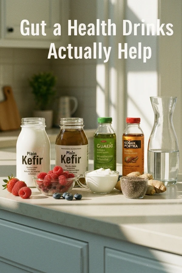 Gut health drinks visual with kefir tea yogurt and berries for better digestion