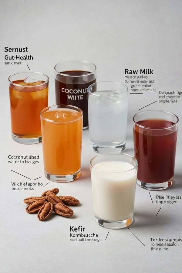 Gut health drinks lineup with ginger tea peppermint tea kefir yogurt kombucha and green tea