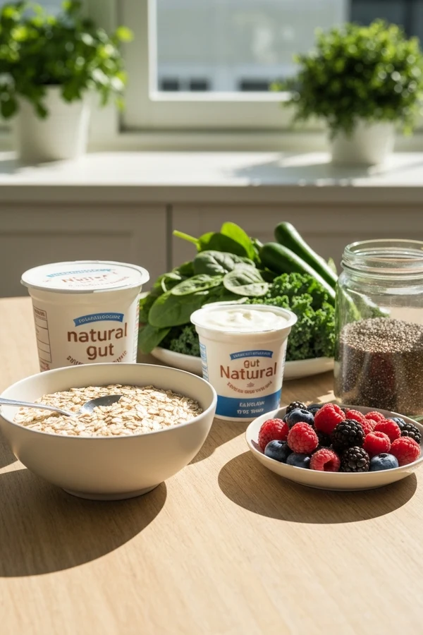 Gut microbiome concept foods with oats yogurt greens and a calm kitchen setup
