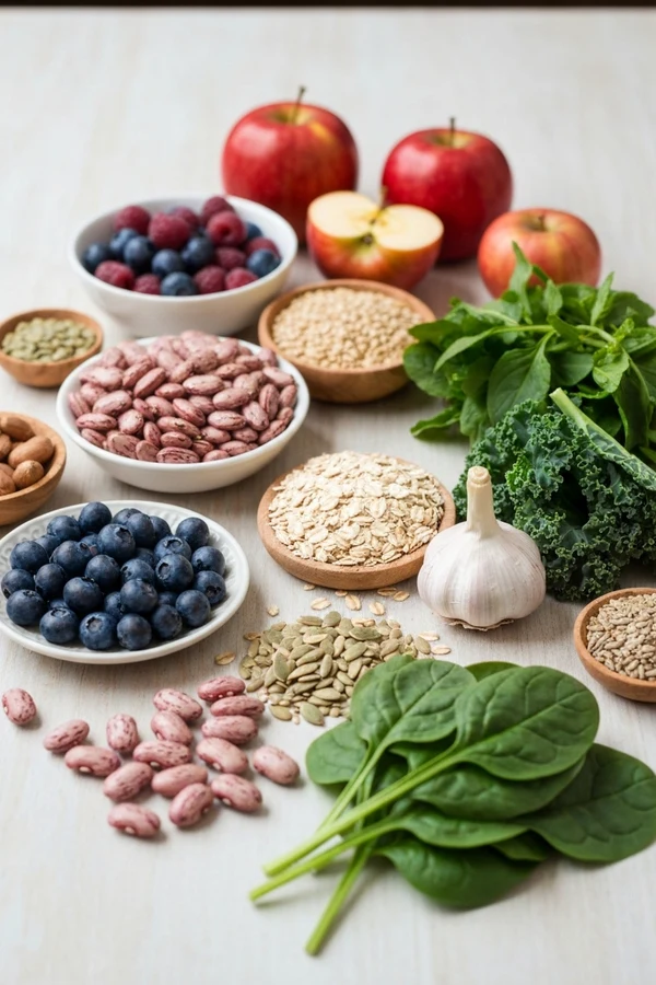 Healthy gut microbiome foods with varied plants and simple whole foods on a table