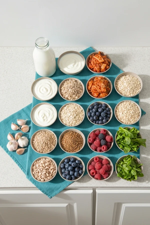 Gut microbiome foods and fermented staples with kefir yogurt kimchi and beans