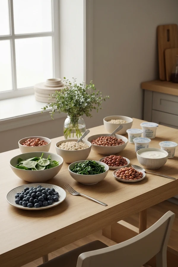 Gut microbiome diet change scene with simple meals and plant foods in bright light