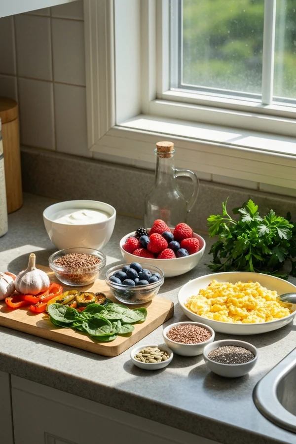 Gut microbiome daily routine foods with breakfast bowl vegetables and seeds