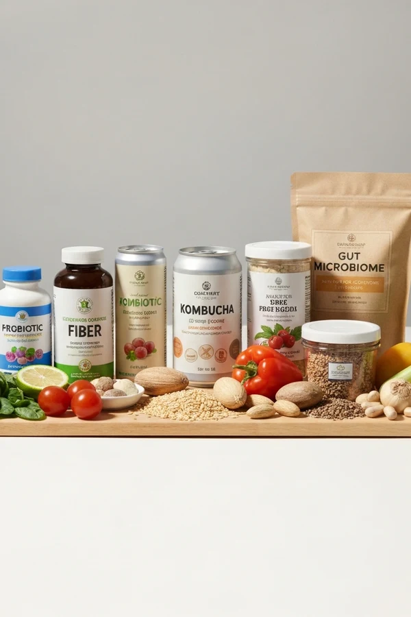 Gut microbiome mistakes scene with supplements kombucha and whole-food contrast