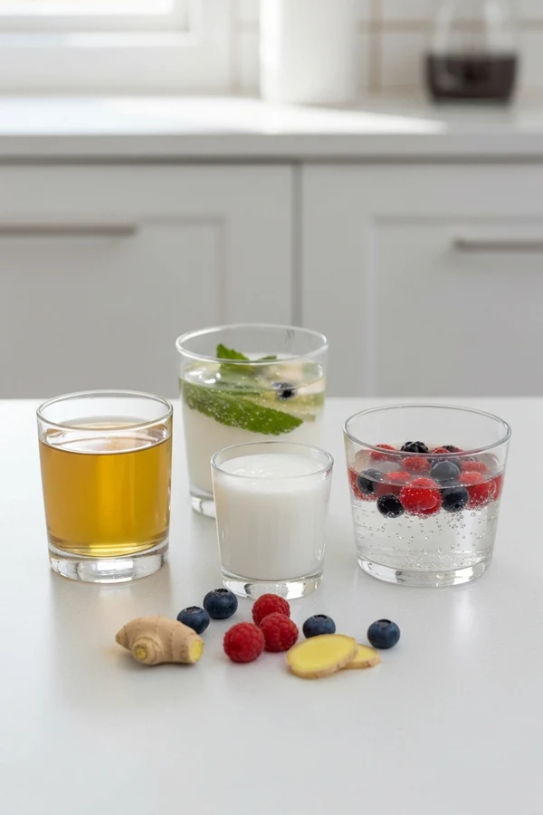 Homemade anti inflammatory drinks setup with tea kefir berries and low sugar drink ingredients