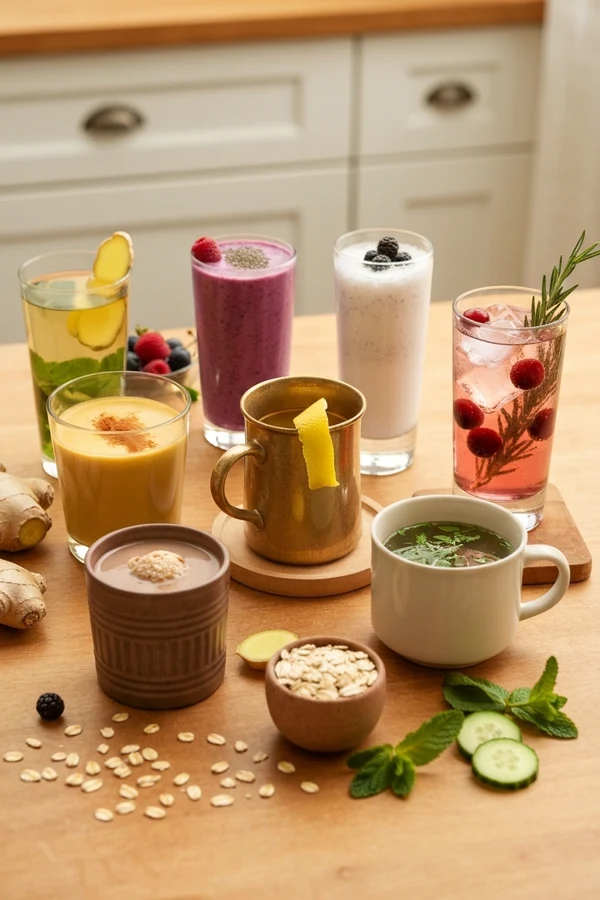 Homemade anti inflammatory drinks recipe lineup with tea golden milk smoothie kefir spritzer and broth mug