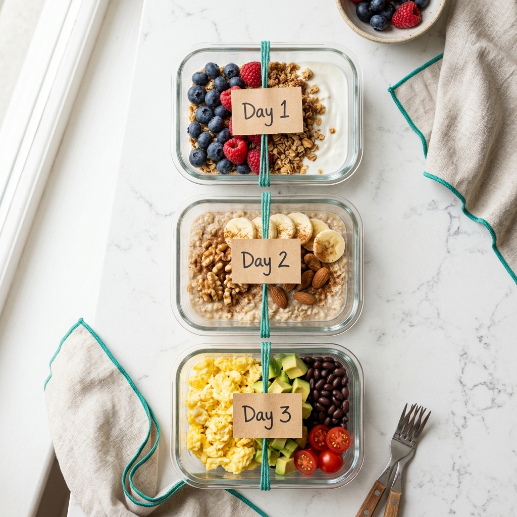 Three meal prep containers labeled Day 1, Day 2, Day 3 with Greek yogurt parfait, oatmeal with nuts, and eggs with avocado and black beans on white marble