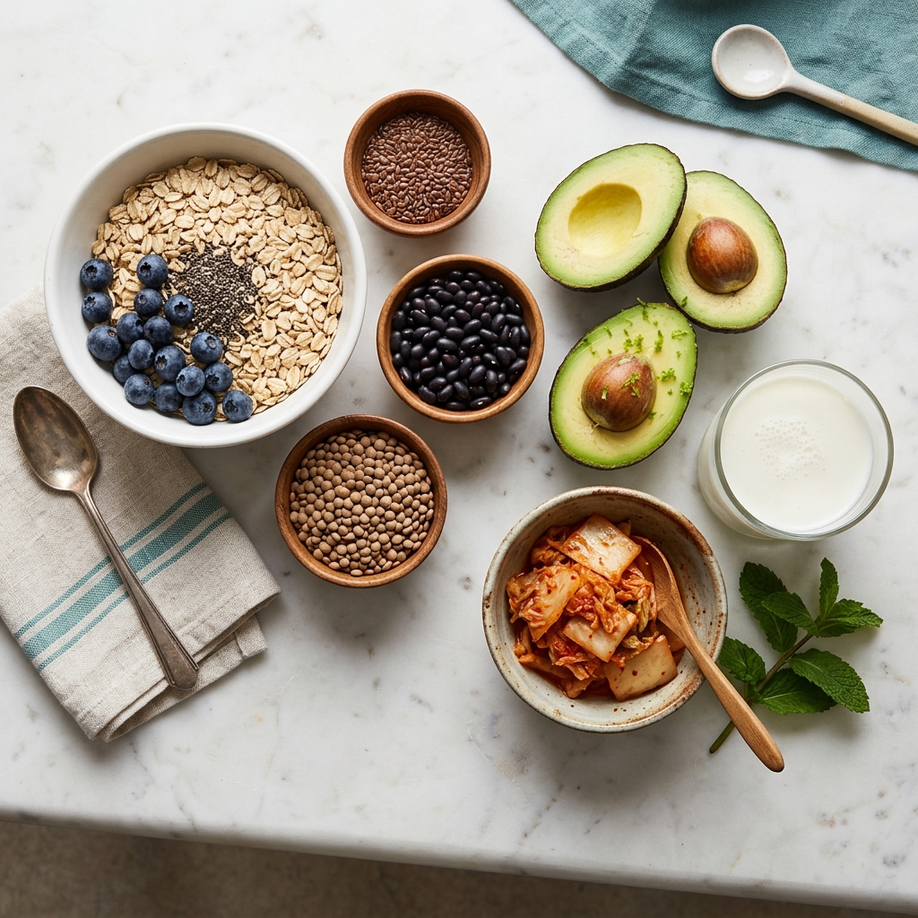 Top-down flat-lay of fiber and gut support foods: oats, chia seeds, flax, black beans, lentils, blueberries, avocado, kimchi, and kefir on white marble